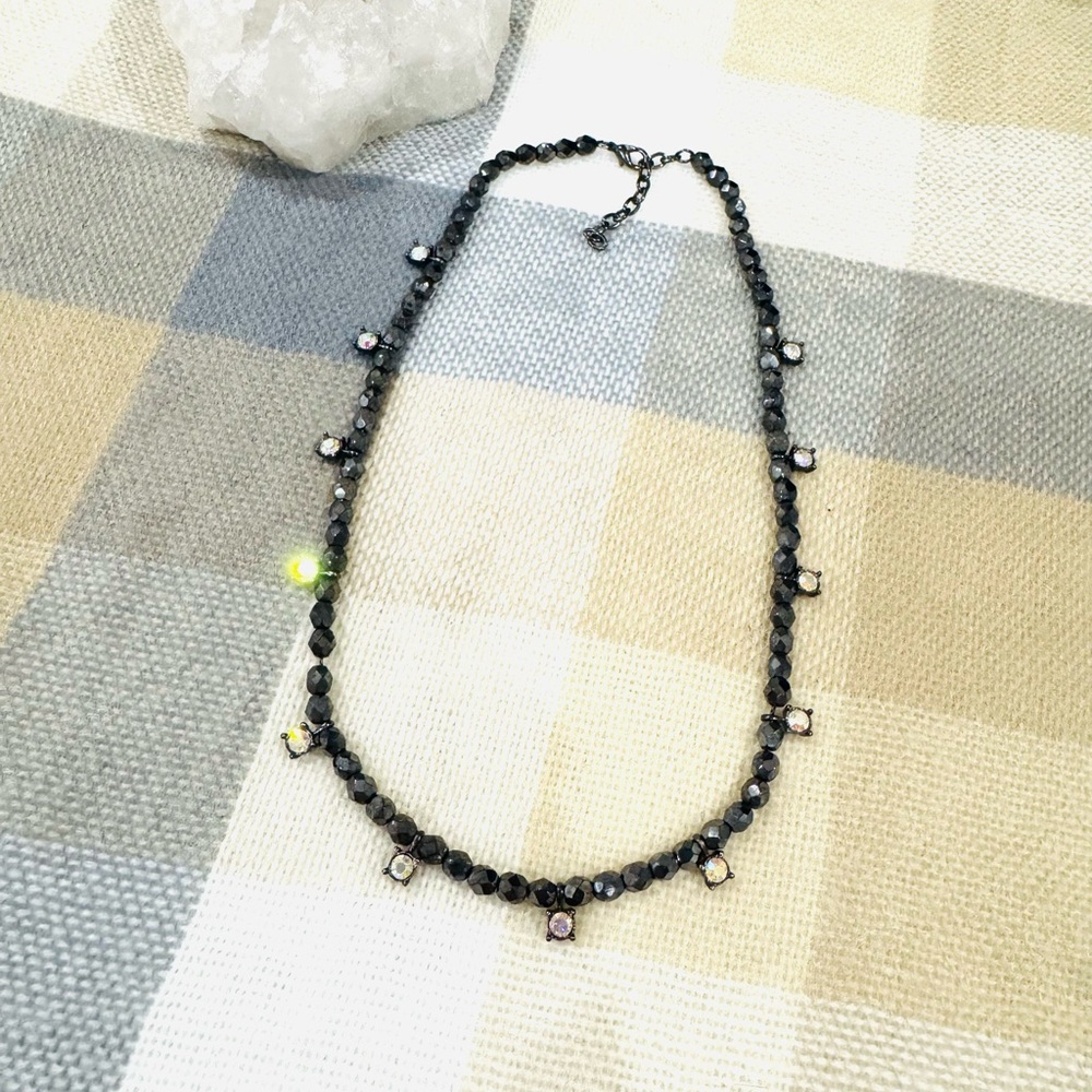 Hematite and AB Crystal Beaded Necklace gray beads aurora borealis